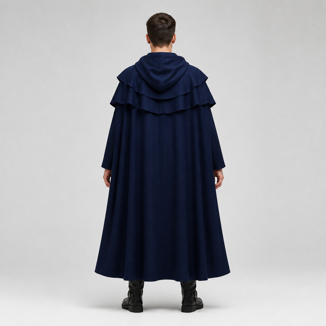 Hooded Cloak Cape with Ties, Blue back view