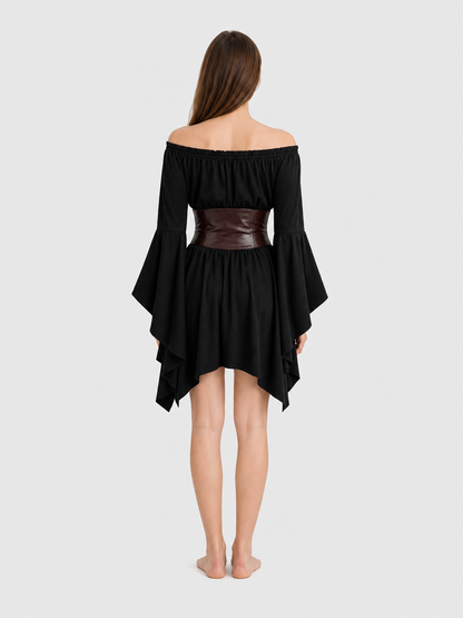 Dress with Belt, Flared Sleeves, and Asymmetrical Hem