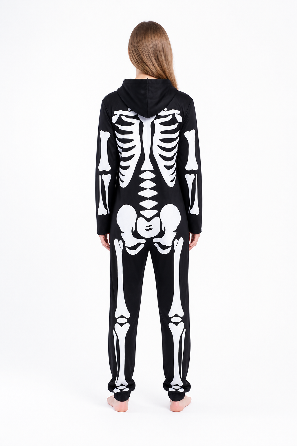 Black and White Skeleton Costume with Hood for Cosplay back view