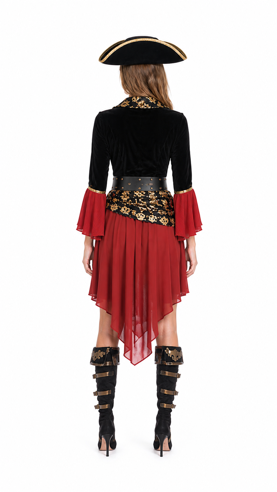 Pirate Costume with Gold Skull and Wine-Colored Skirt back view