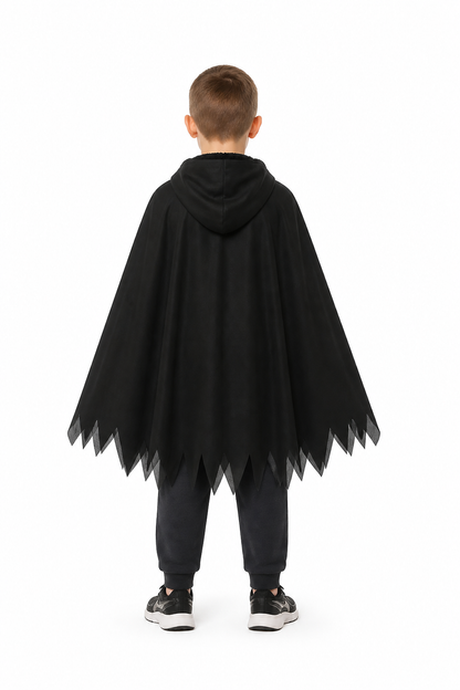 Kids' Ghost Cloak with Hood and White Face, Black back view