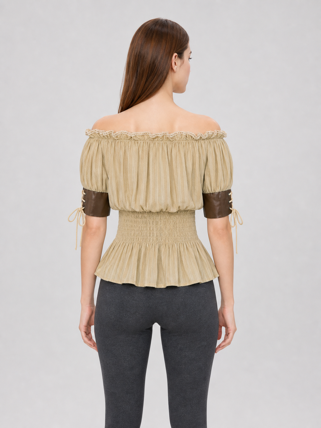 Vintage-Style Peasant Blouse with Lace-Up Front and Lace Trim