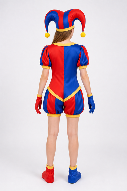 Pomni Clown Cosplay Costume with Hat and Gloves back view