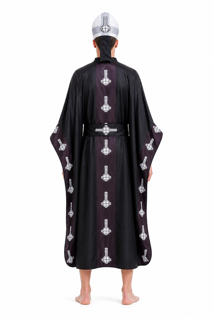 Hooded Cloak with Belt, Black with White Pattern back view