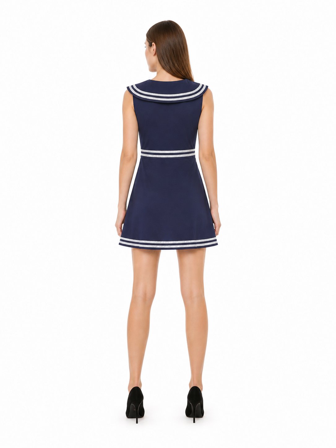 Dark Navy Sailor-Style Dress with White Stripes back view