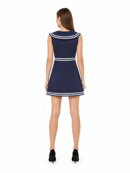 Dark Navy Sailor-Style Dress with White Stripes back view