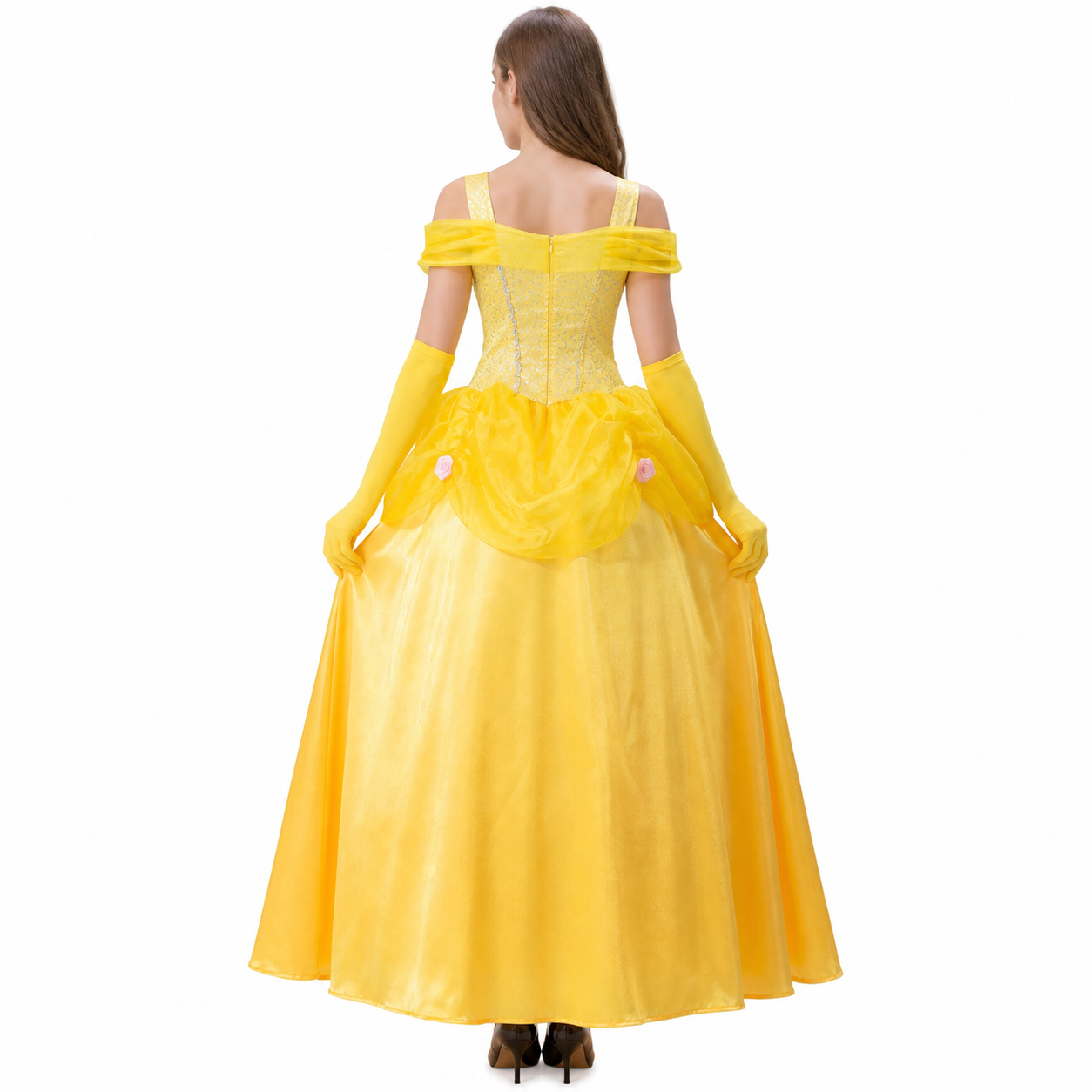 Yellow Ball Gown with Full Skirt and Flowers back view