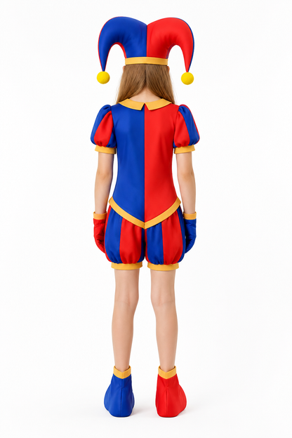 Red-and-Blue Pomni Clown Jumpsuit with Yellow Pom-Poms back view