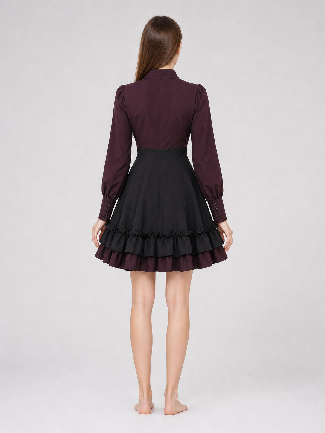 Women’s Gothic Renaissance Dress, Medieval Steampunk Style, Black And Burgundy Long Sleeve High Neck Ruffle A-Line Costume Outfit