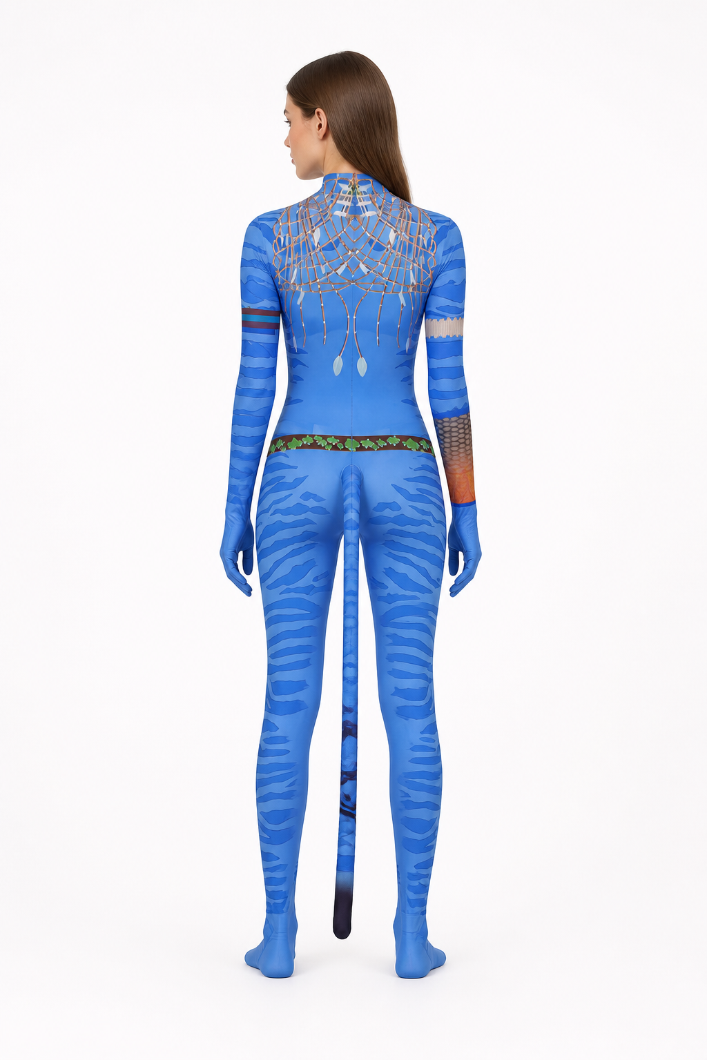 Cosplay jumpsuit with tail and high collar back view