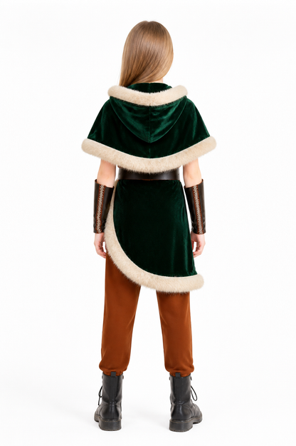 Historical costume with hood, cloak, and belt back view