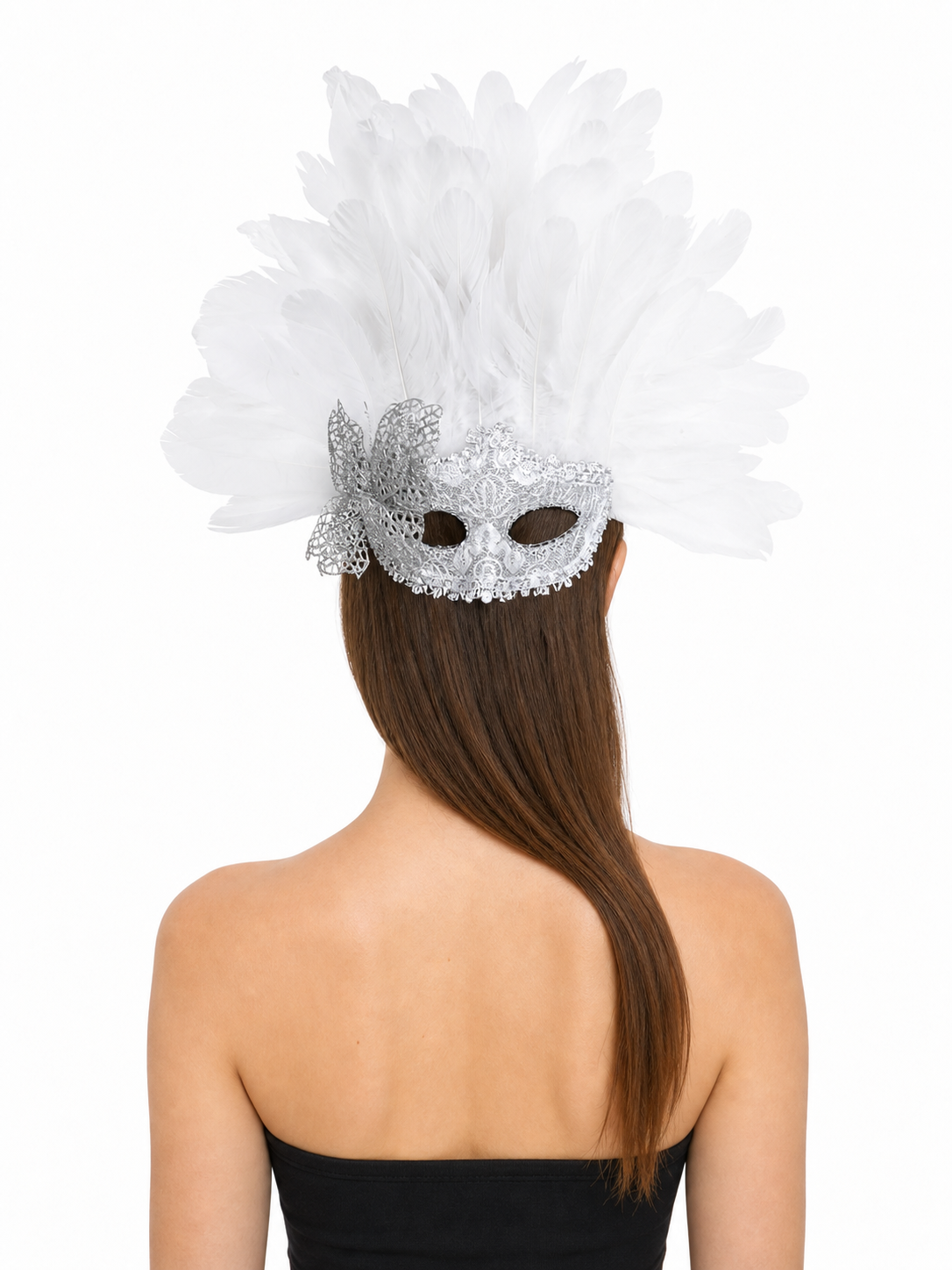 White feather silver masquerade mask product view 17