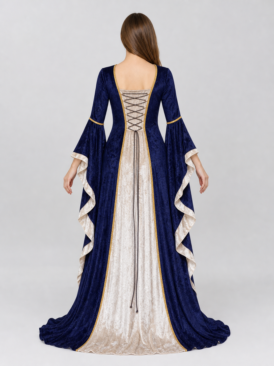 Gothic medieval-style dress made of textile fabric, featuring a floor-length design with a full skirt and flared sleeves. The sleeves are accented with tiered ruffles that emphasize the costume’s historical character. The main color is deep