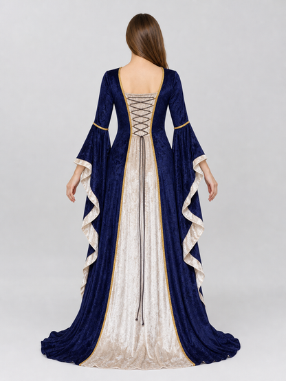 Gothic medieval-style dress made of textile fabric, featuring a floor-length design with a full skirt and flared sleeves. The sleeves are accented with tiered ruffles that emphasize the costume’s historical character. The main color is deep