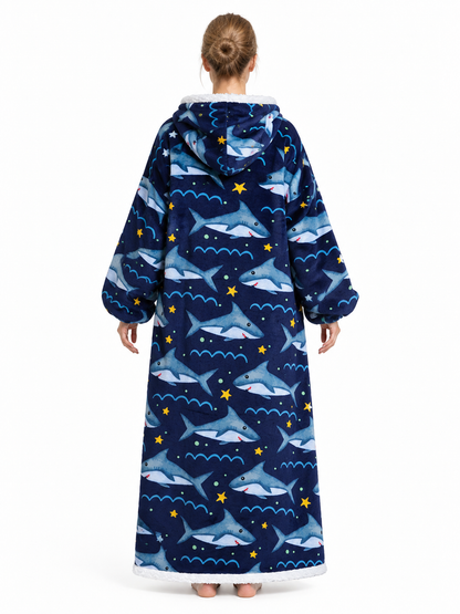 Flannel hooded blanket hoodie with a shark print back view