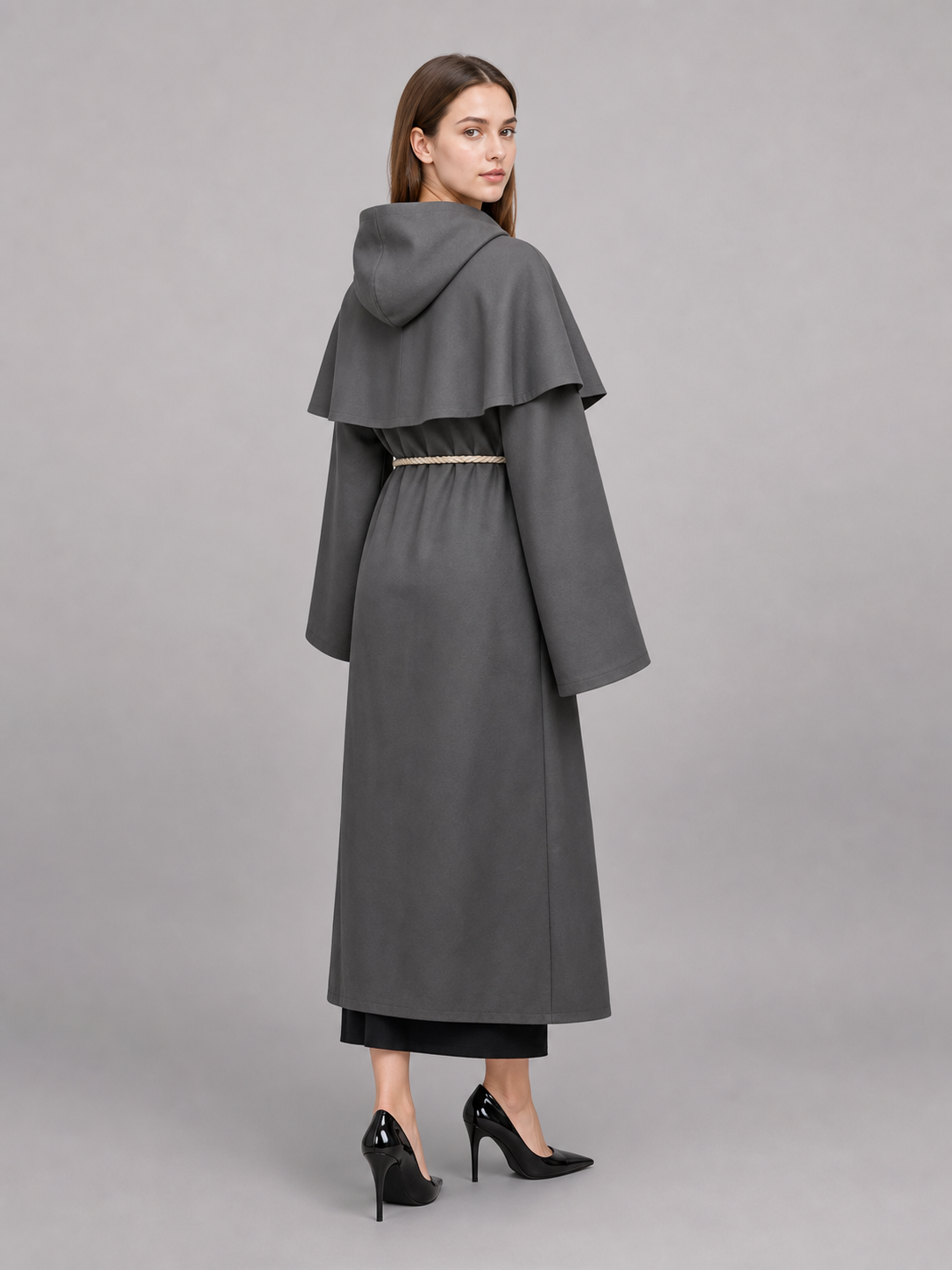 Gray Medieval Hooded Costume Cloak back view 2