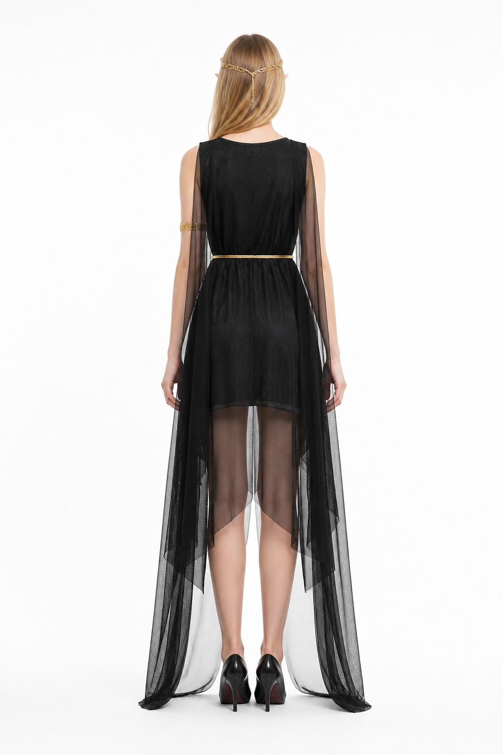 Greek Goddess Costume with Cape, Black with Gold Belt back view