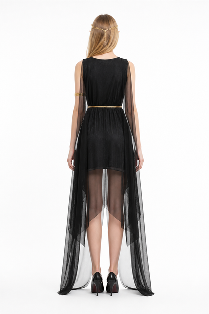 Greek Goddess Costume with Cape, Black with Gold Belt back view