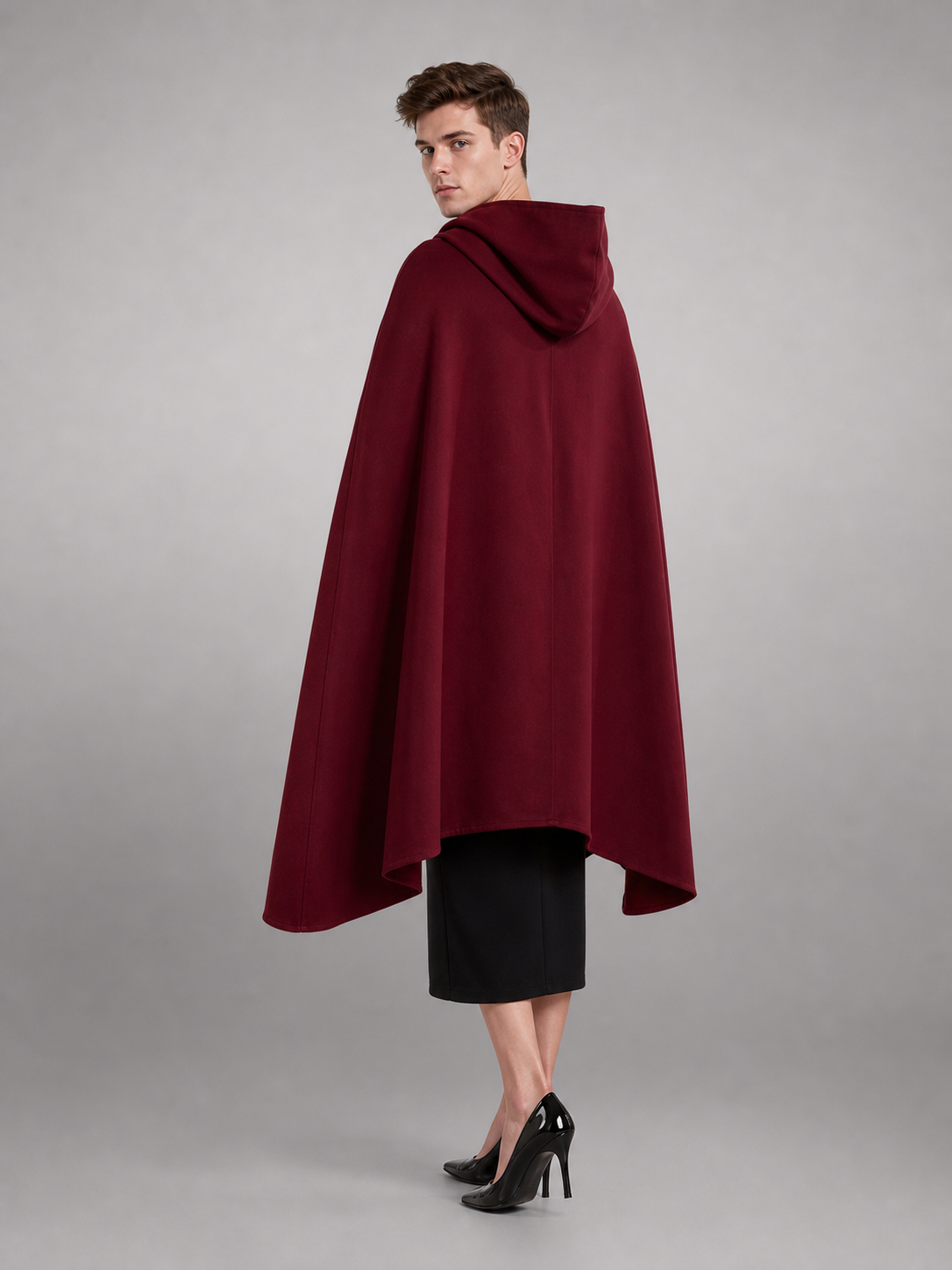 Medieval Hooded Cloak Wine Red Cape with Overlapping Front and Irregular Draped Hem for Cosplay, Theme Parties, Stage Performances and Fantasy Photography