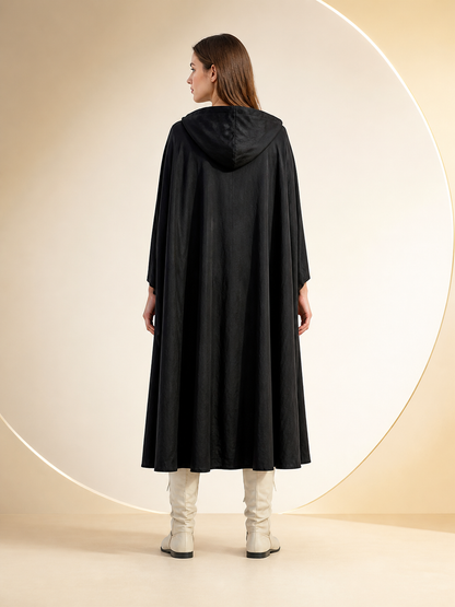 Black Long Hooded Cotton-Linen Cloak back view 6