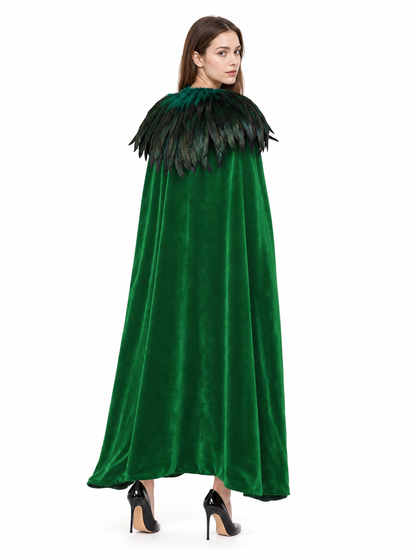 Green Carnival Cloak with Feather Trim