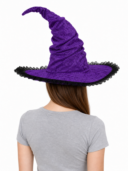 Halloween Witch Hat, Tall Curved Pointed Crown, Wide Irregular Brim, Deep Purple Gothic Style with Black Trim for Cosplay and Themed Parties
