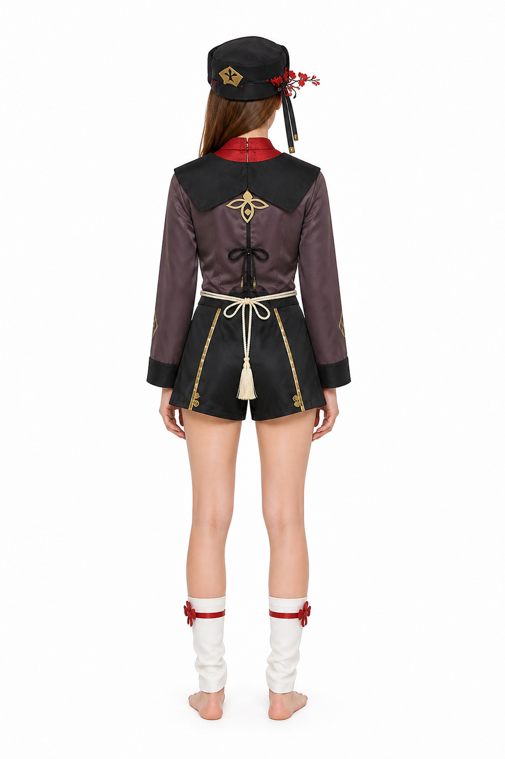 Hu Tao Cosplay Costume with Red Scarf and Gold Details back view