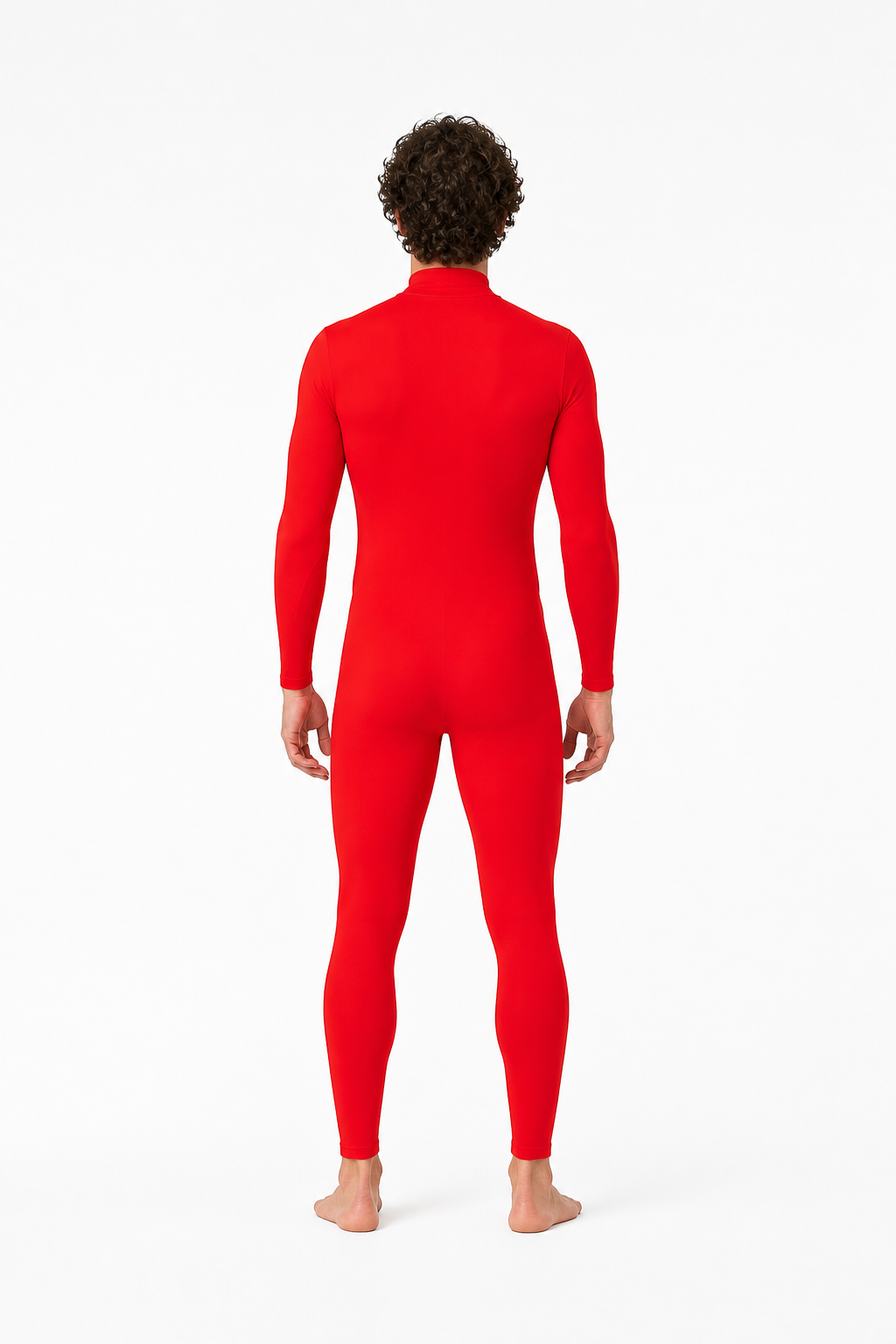 Red form-fitting jumpsuit with a high collar back view