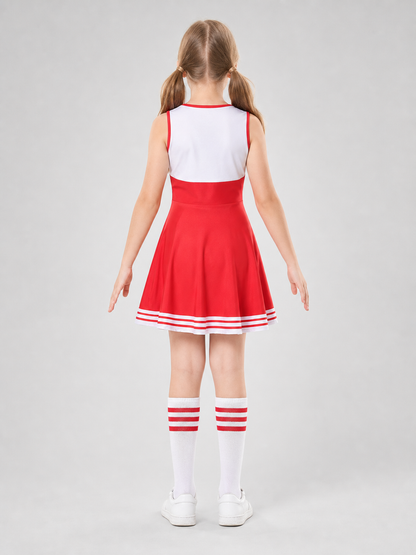 Cheerleading Costume: Dress, Leg Warmers, and Pom-Poms