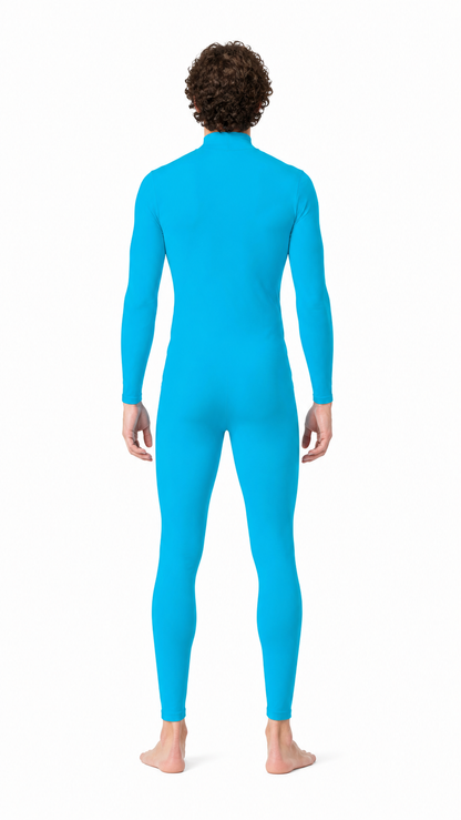 Blue Form-Fitting Jumpsuit with a High Collar back view