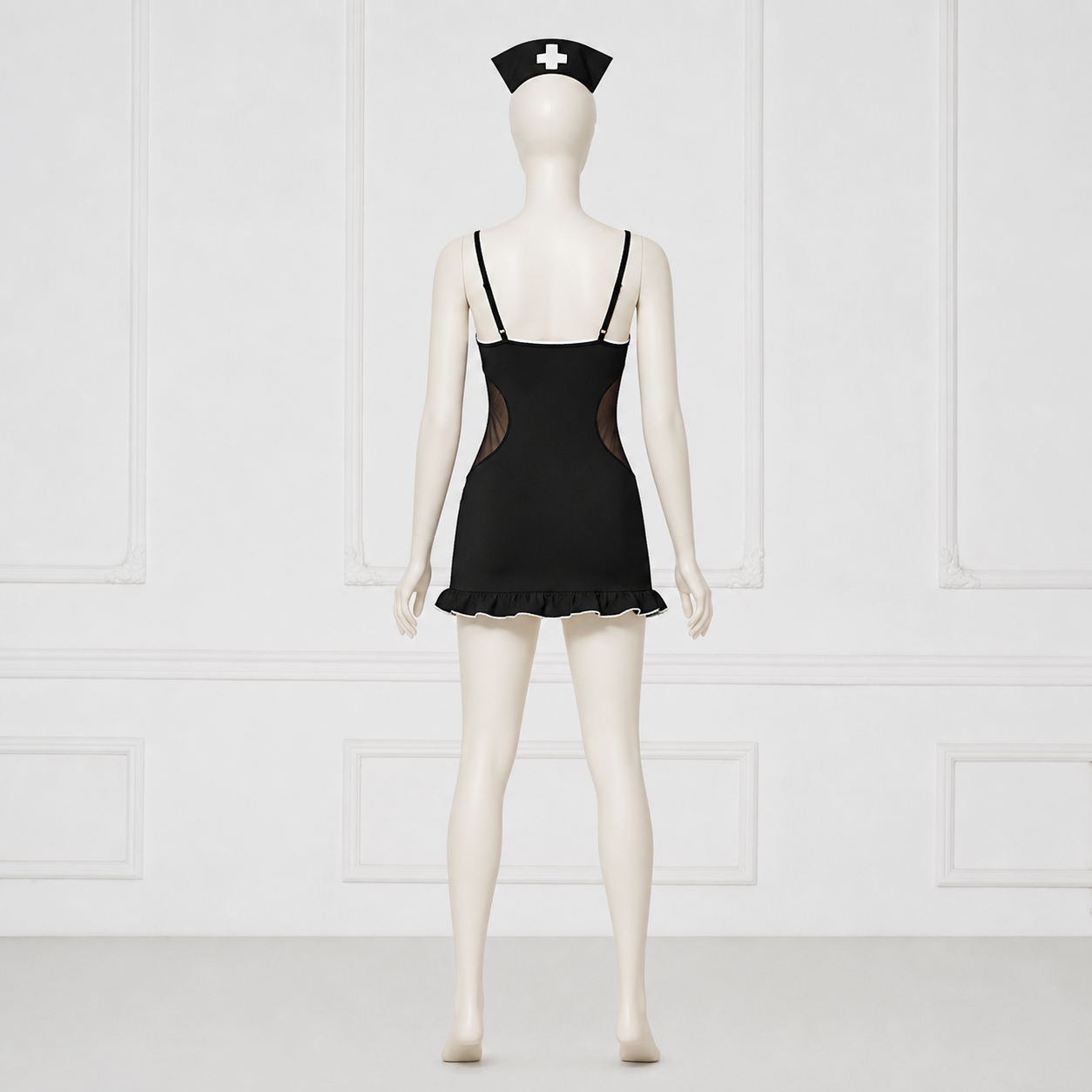 Black Medical Uniform with White Trim and Ruffles back view