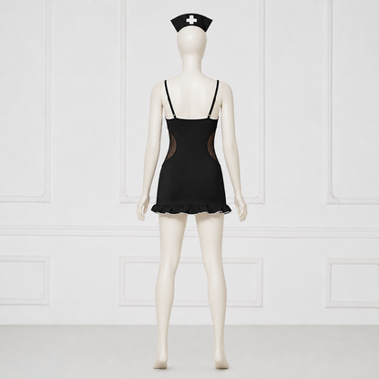 Black Medical Uniform with White Trim and Ruffles back view