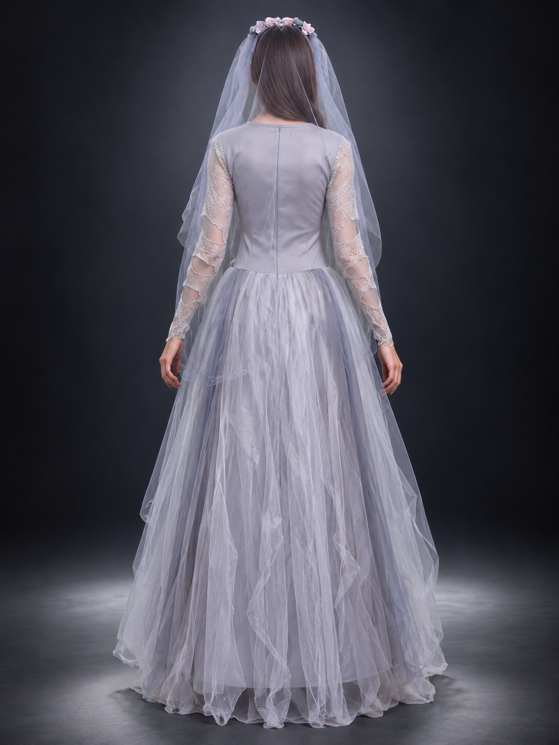 Gray carnival dress with a voluminous skirt and lacing