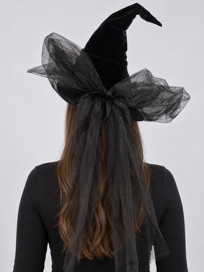 Black Pointed Witch Hat with Bow and Tulle Veil