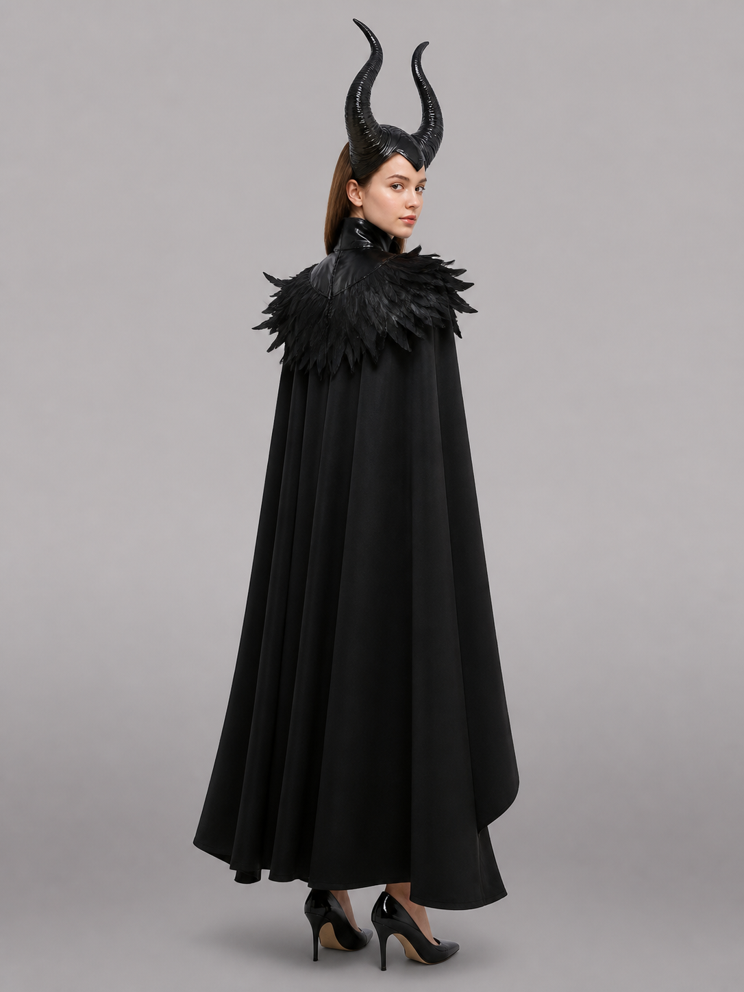 Black Carnival Cloak with Horns and Feathers
