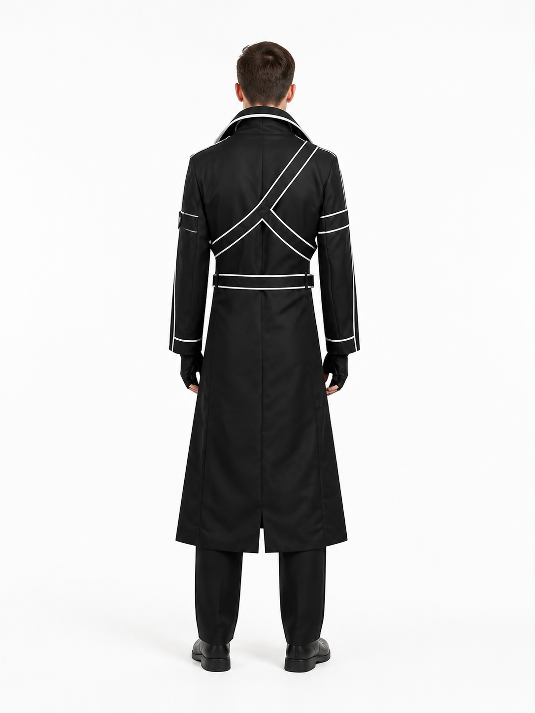 Black Cosplay Costume with White Crisscross Straps back view
