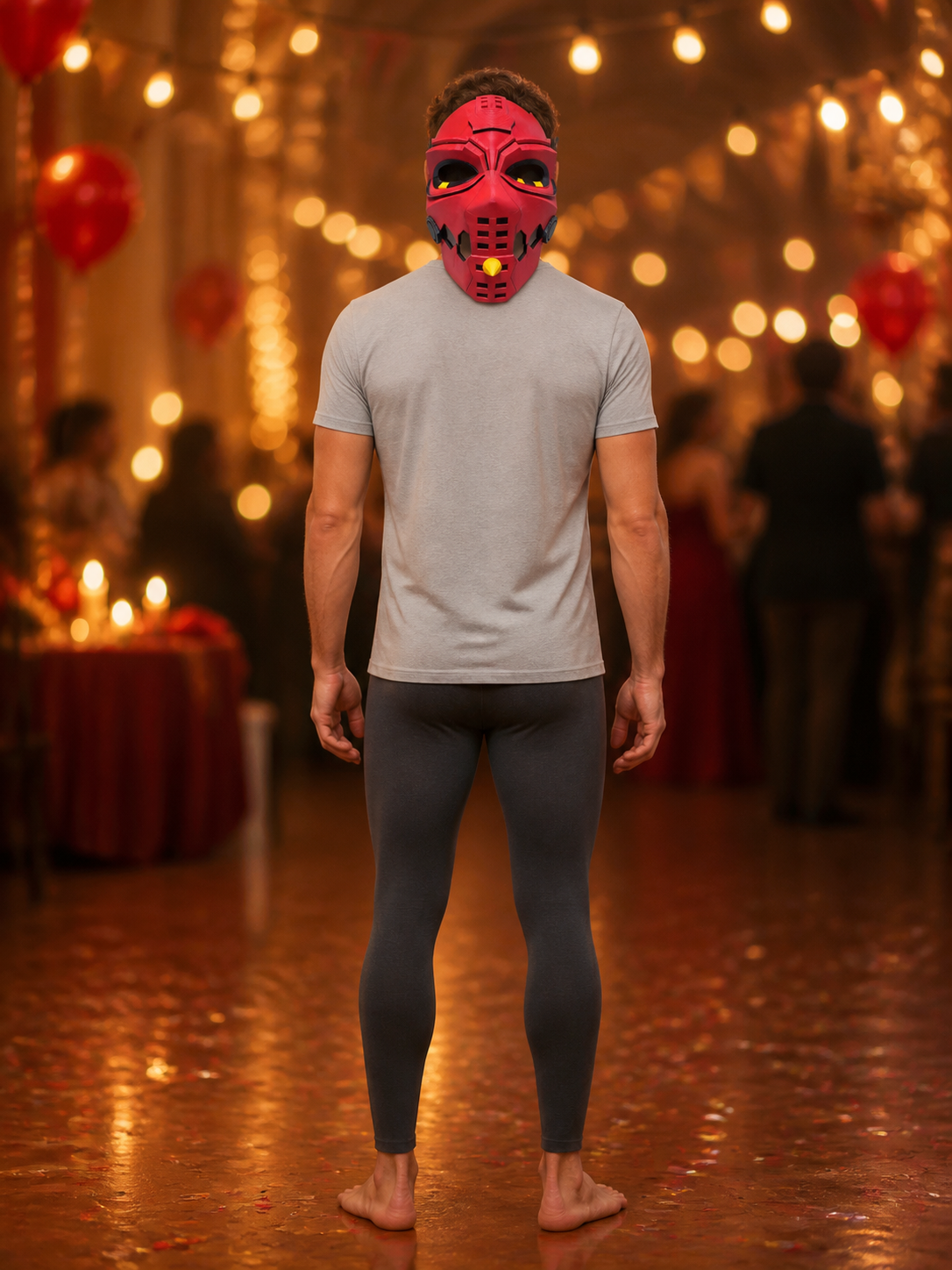 Red Full-Face Cosplay Mask with Yellow Decor back view