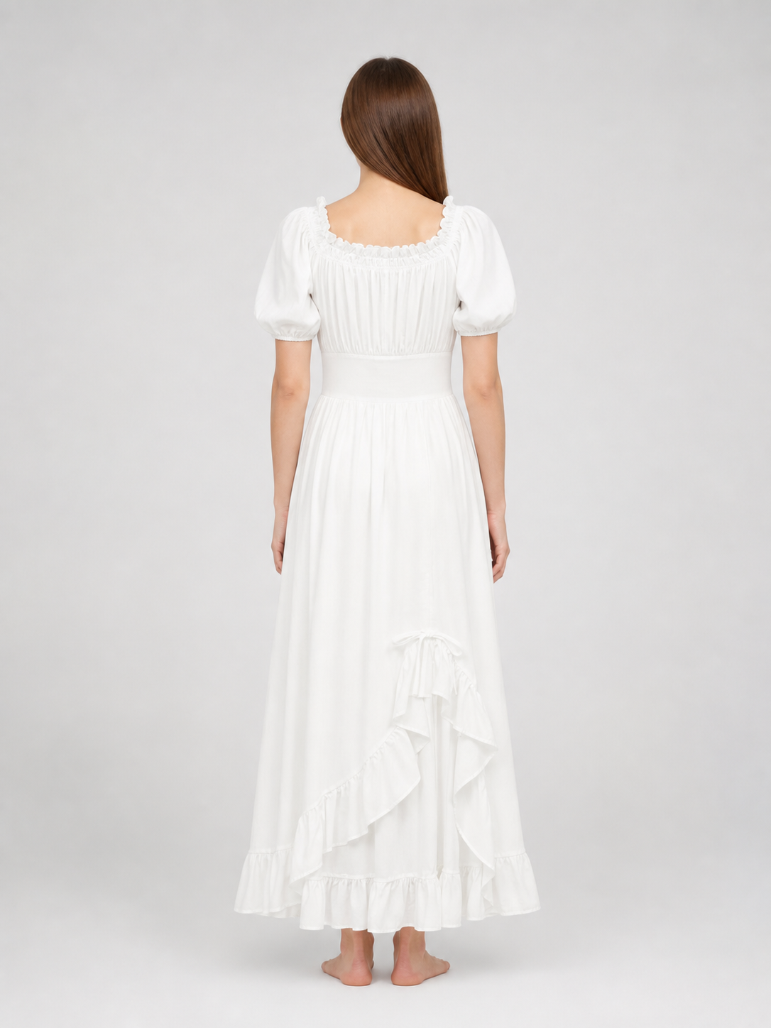 White Midi Dress with a Corset-Style Bodice and Ruffles