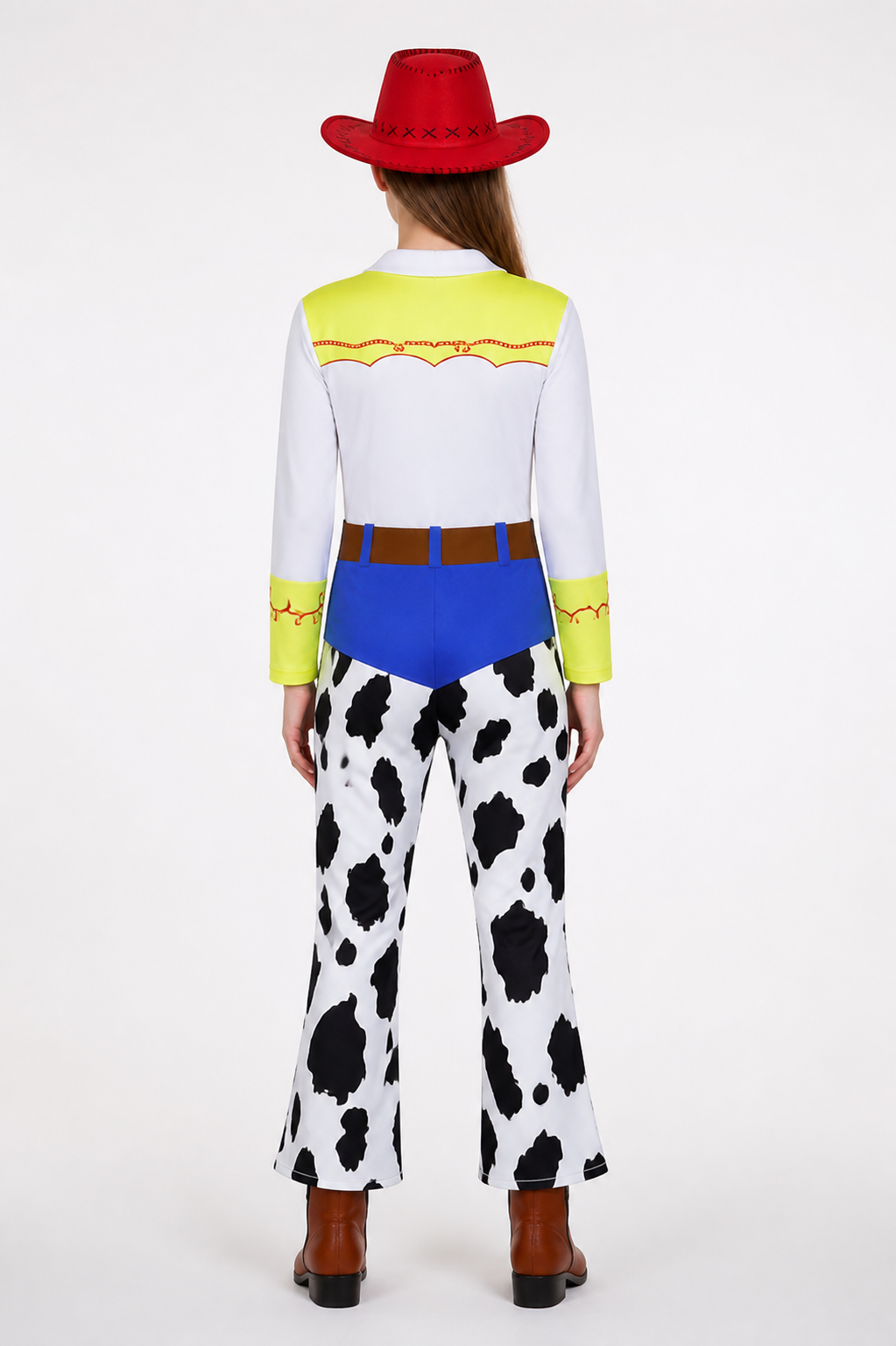 Jessie Costume with Cow Print and Cowboy Hat back view