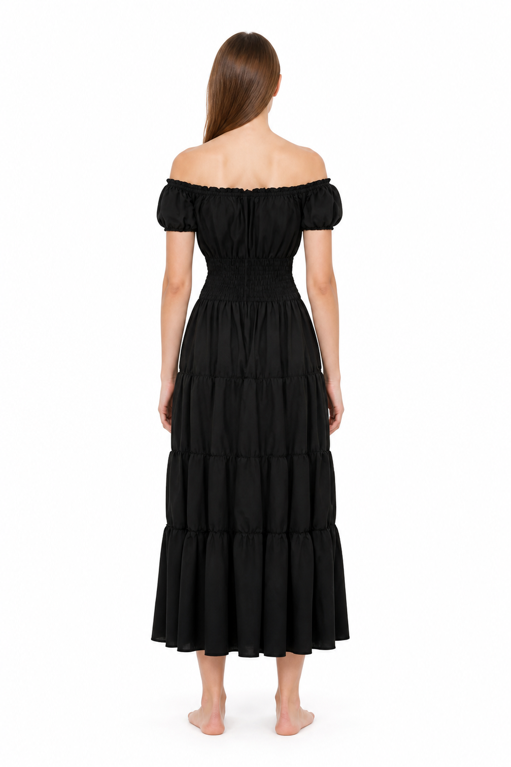 Black Off-the-Shoulder Dress with Tiered Skirt back view