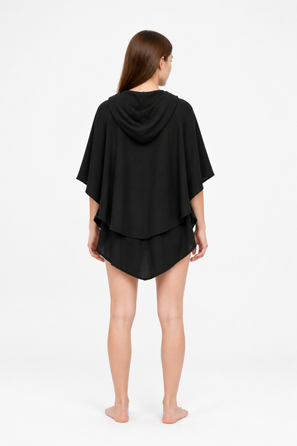 Women's Gothic Hooded Cape Cloak for Halloween Cosplay, Black Flowing Draped back view 6