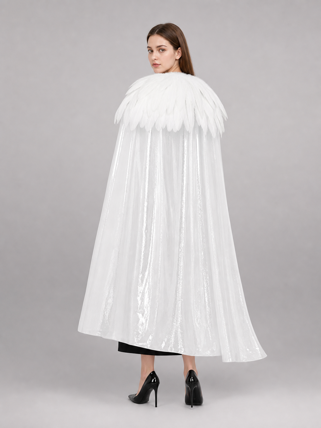 White Velvet Cape with Feather Trim, Maxi