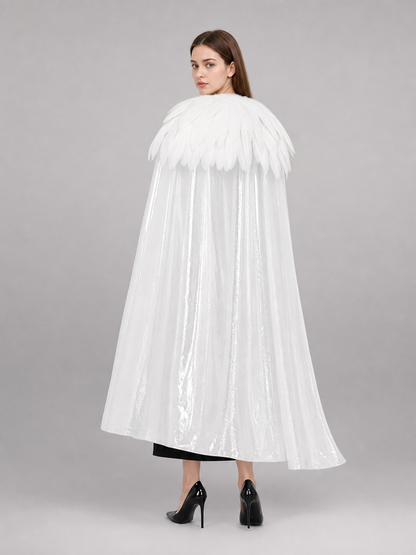 White Velvet Cape with Feather Trim, Maxi