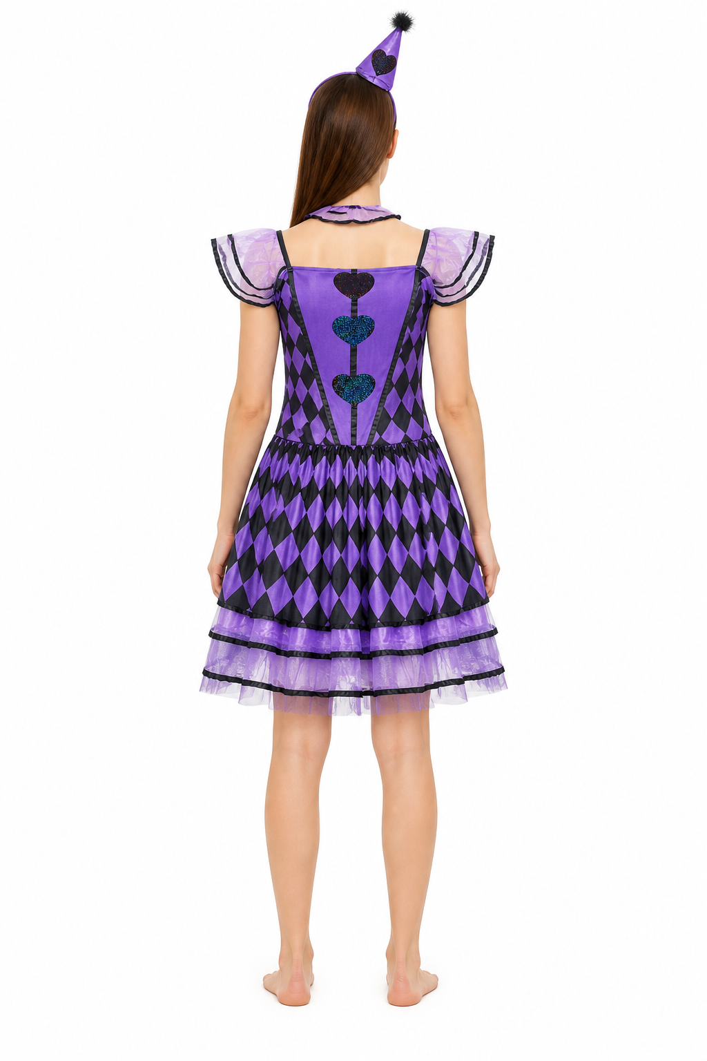 Clown Costume with Dress and Headband, Purple and Black back view