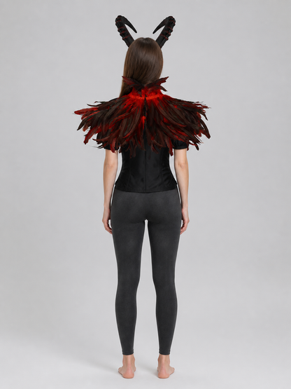 Back view of a model wearing the black and red horned headpiece with a layered feather collar