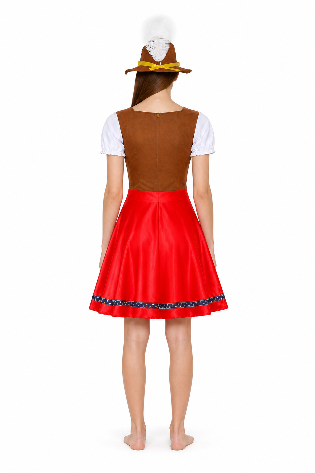 Bavarian Folk Costume with White Apron and Red Skirt back view