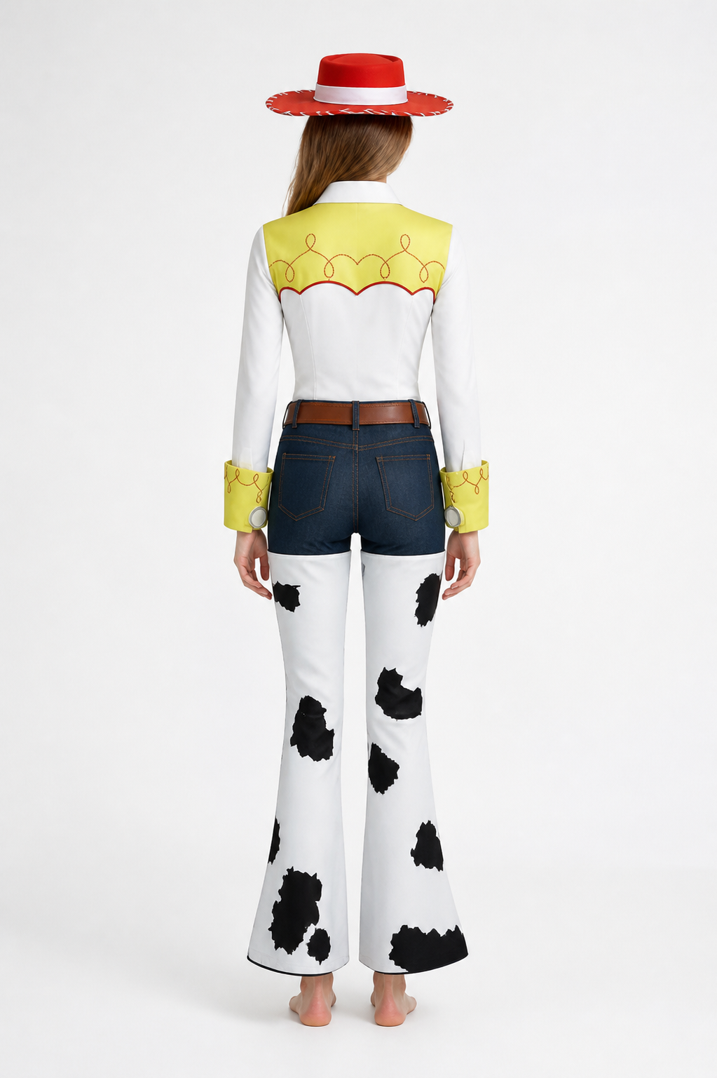 Cowboy Costume with Red Hat and White Flared Pants back view