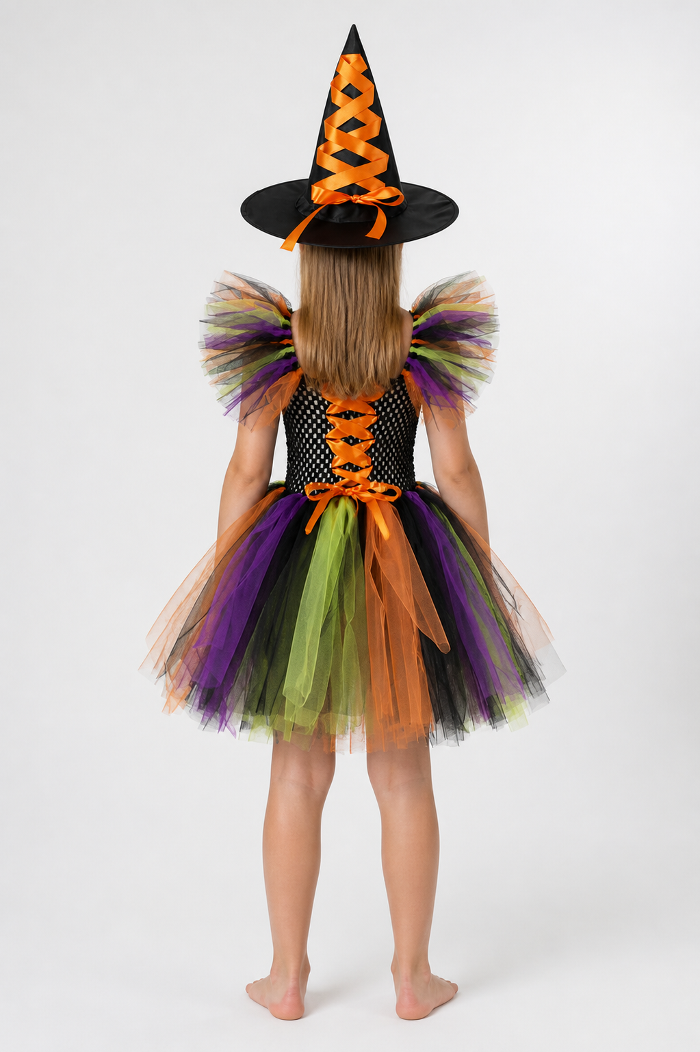 Witch Costume with Full Skirt and Hat, Multicolored back view