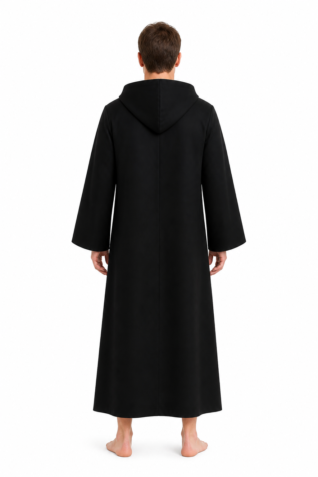 Long black hooded cloak for Jedi cosplay back view