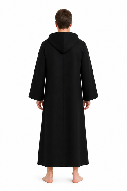 Long black hooded cloak for Jedi cosplay back view